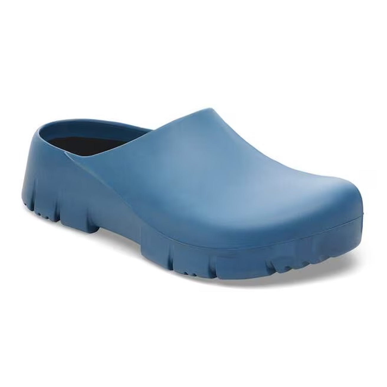 Blue Birkenstock clog shoe on a white background