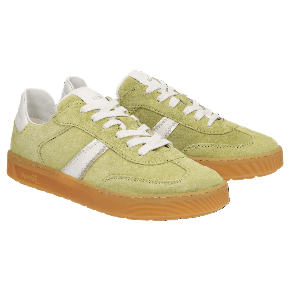 Pair of Sioux green sneakers with white laces and brown soles on a transparent background at Sole Drifter Hahndorf