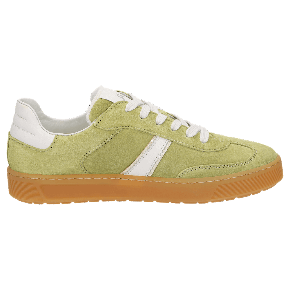 Sioux Green sneaker with white laces and brown sole on a black background available at Sole Drifter