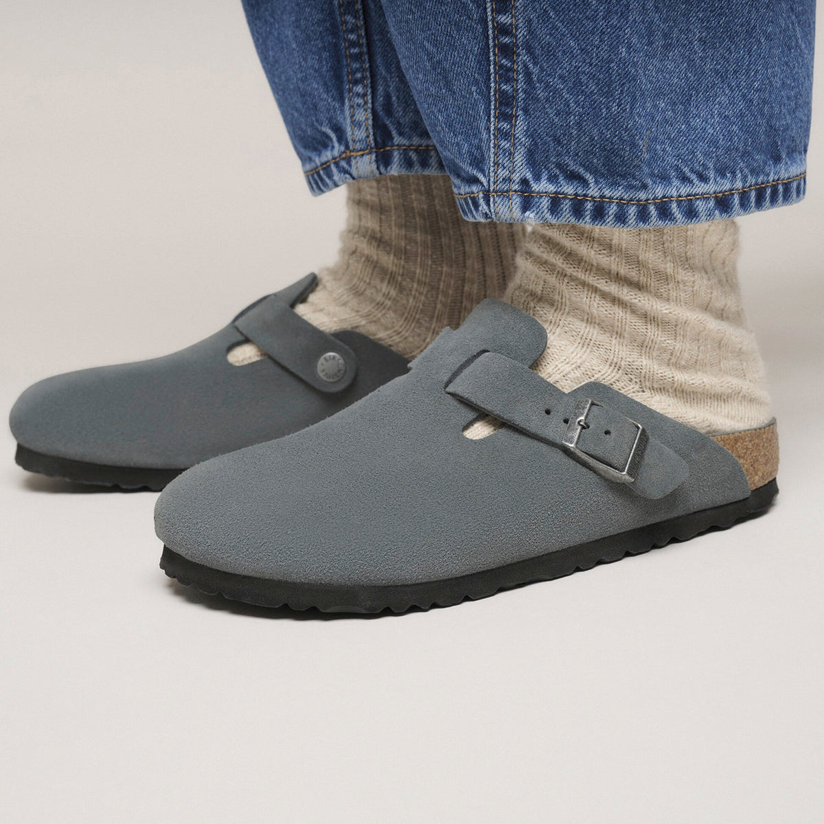 Birkenstock Seasonal Boston Tonal Soft Footbed Suede Leather Regular Fit Basalt Grey