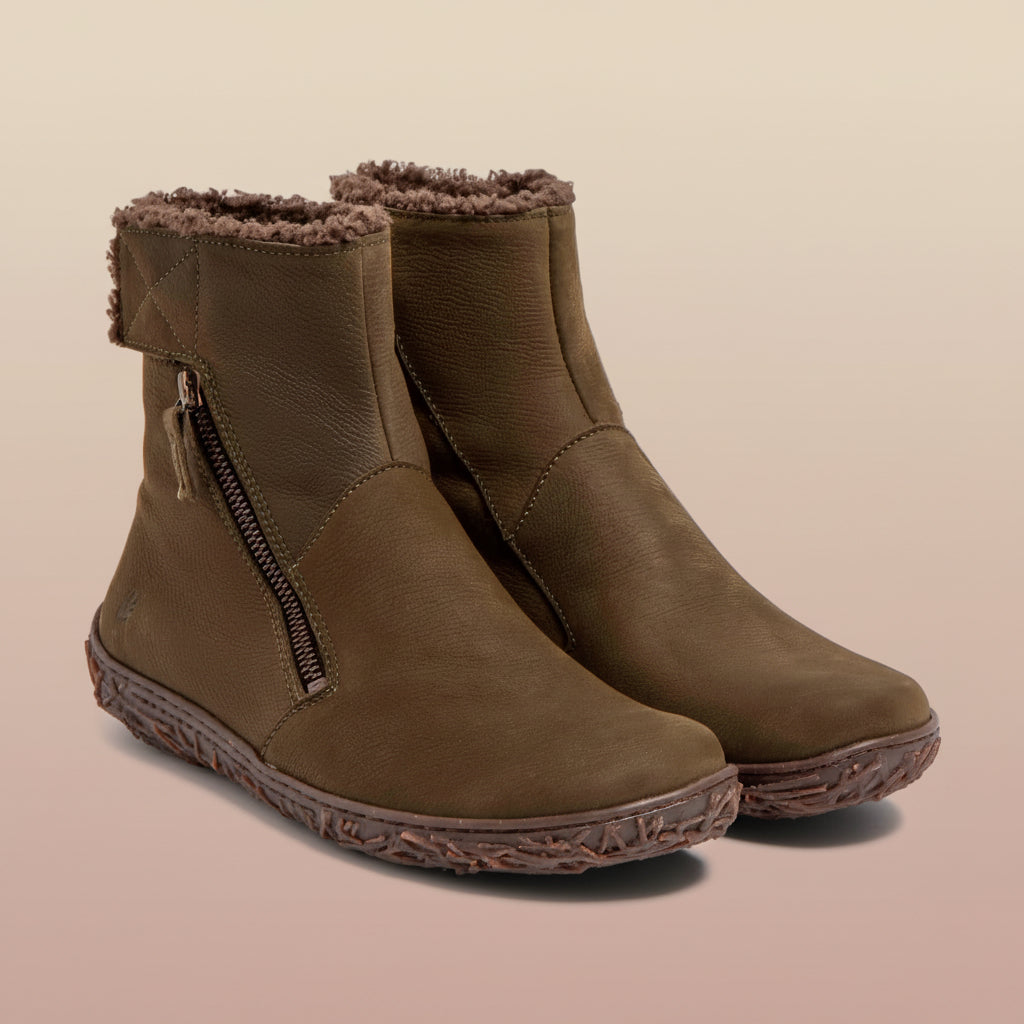 Pair of forest El Naturalista N5457 ankle boots with fur trim at Sole Drifter Hahndorf