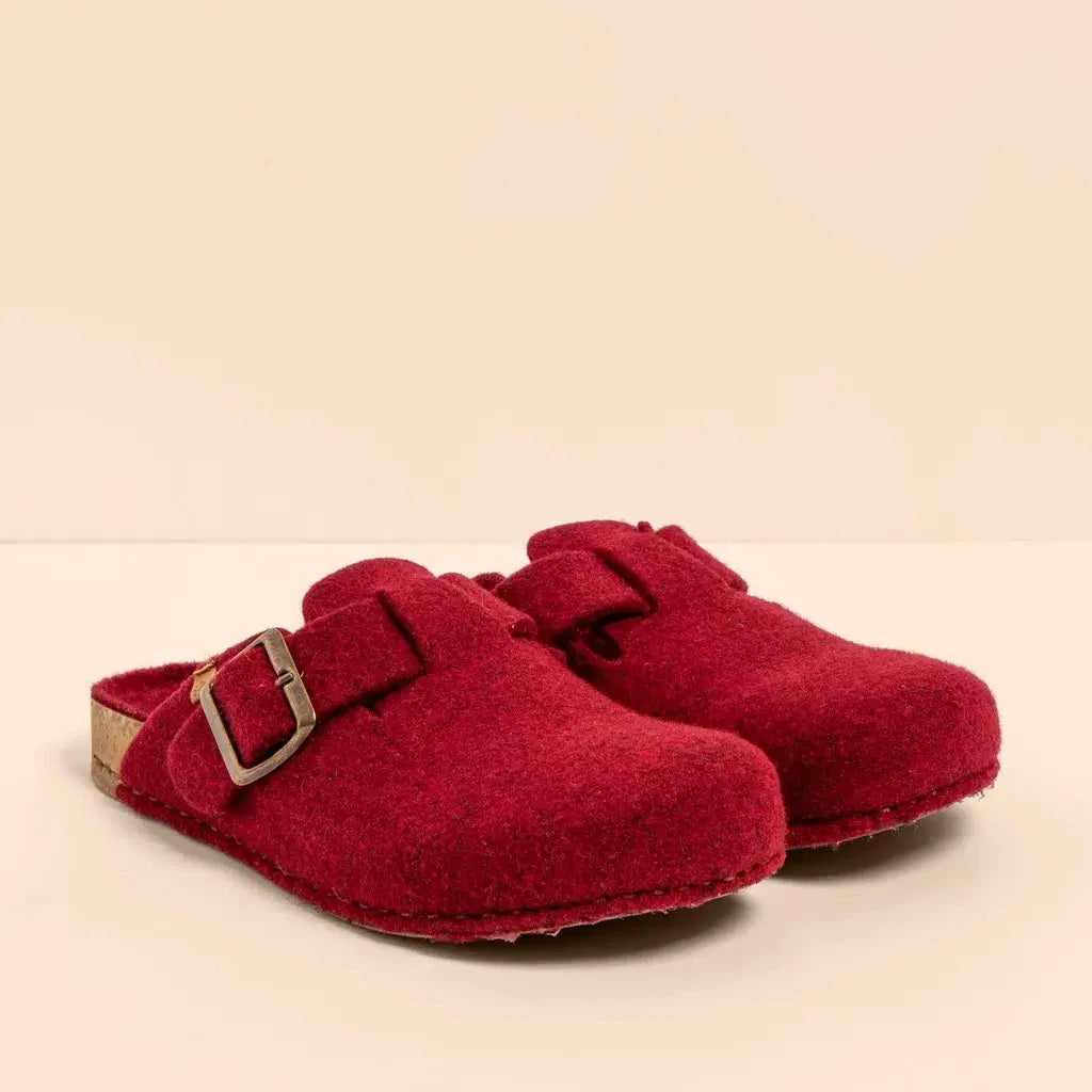 Pair of red El Naturalista slippers with a buckle at Sole Drifter Hahndorf