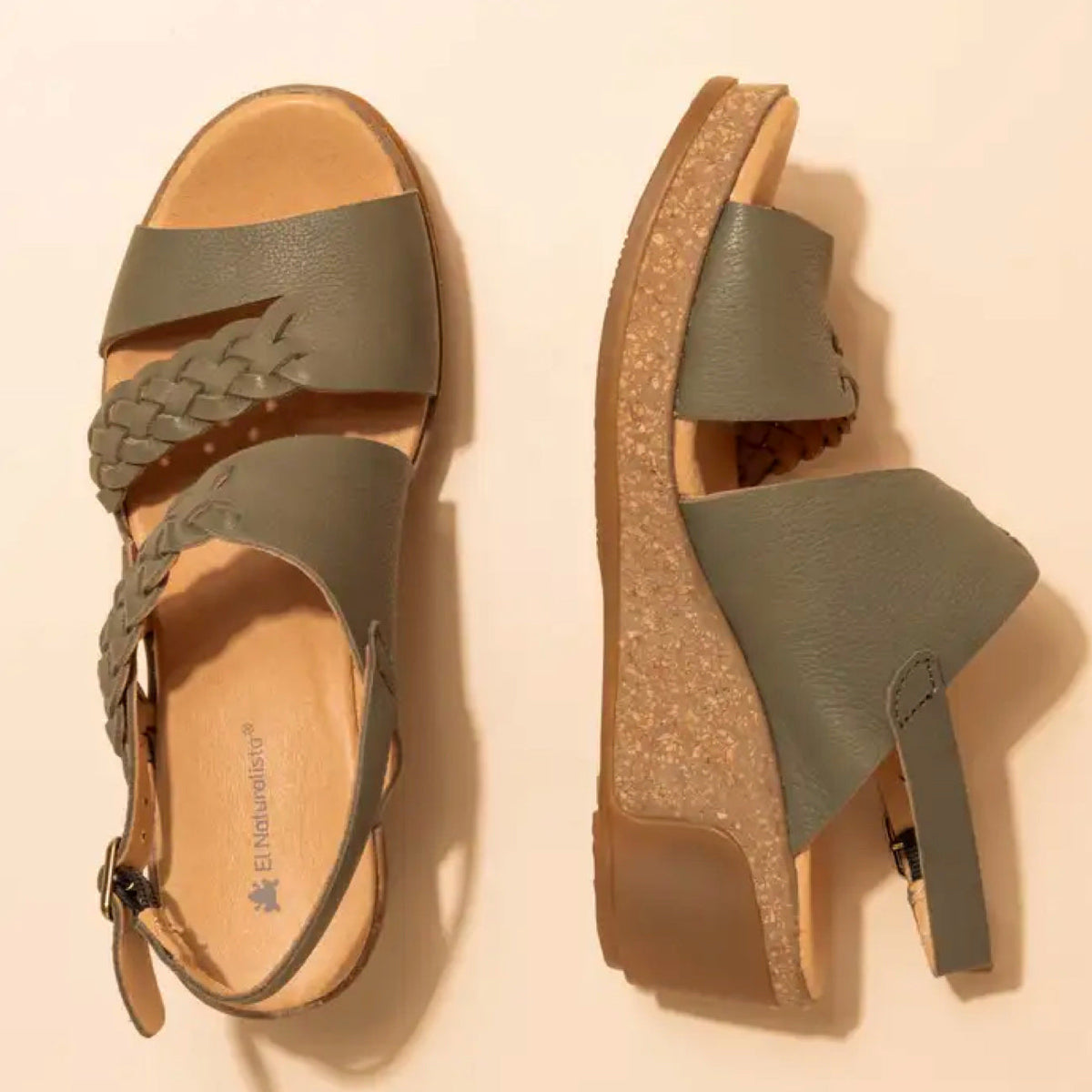El Naturalista, LEAVES, Wedge Sandal, Natural Grain Leather, Khaki Sandals El Natura Lista 