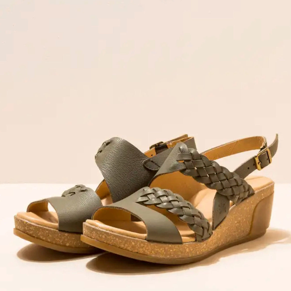 El Naturalista, LEAVES, Wedge Sandal, Natural Grain Leather, Khaki Sandals El Natura Lista Khaki 36 